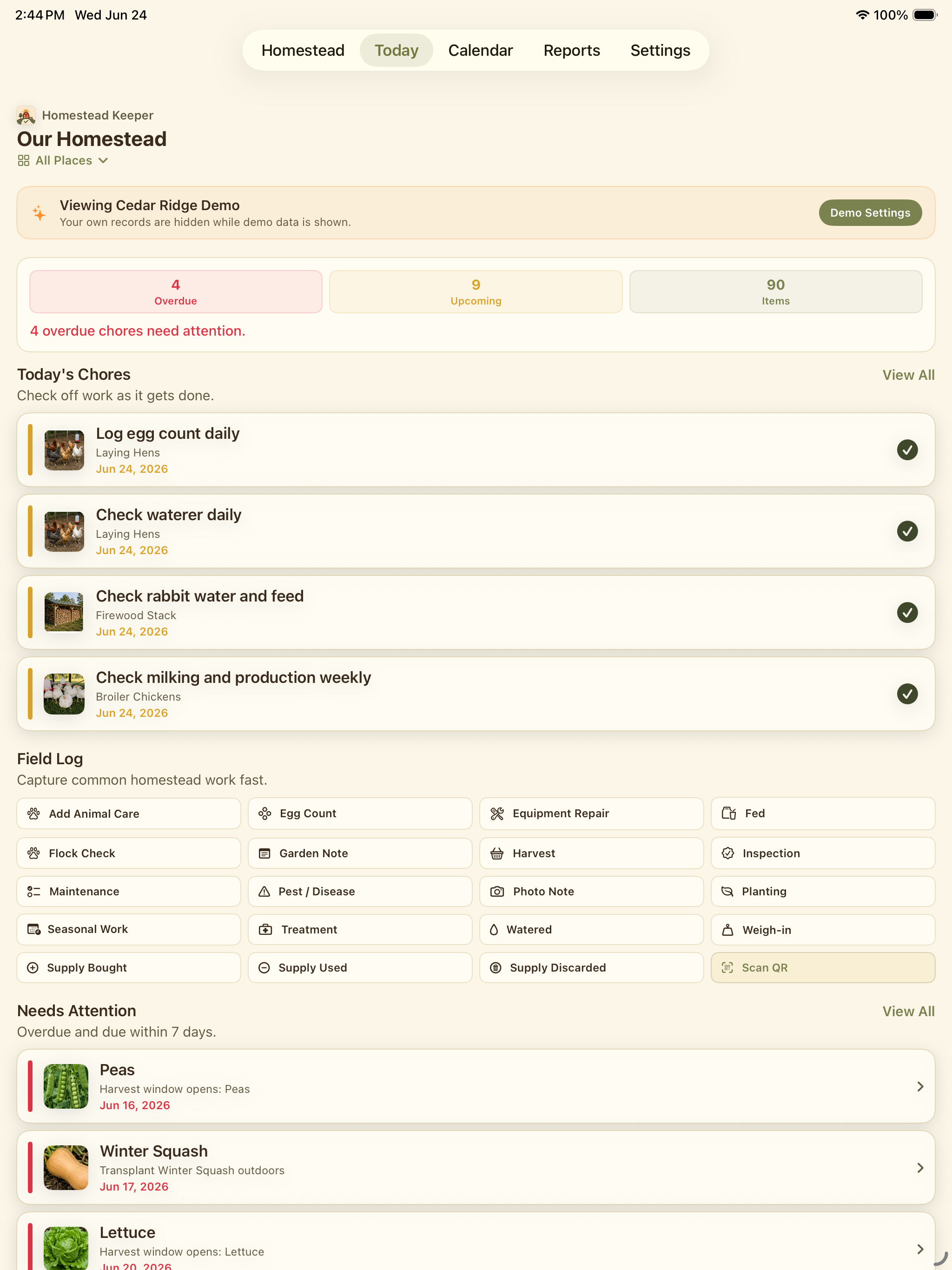 Homestead Keeper Today screen with overdue tasks, today chores, field log actions, recent reminders, and inventory alerts.